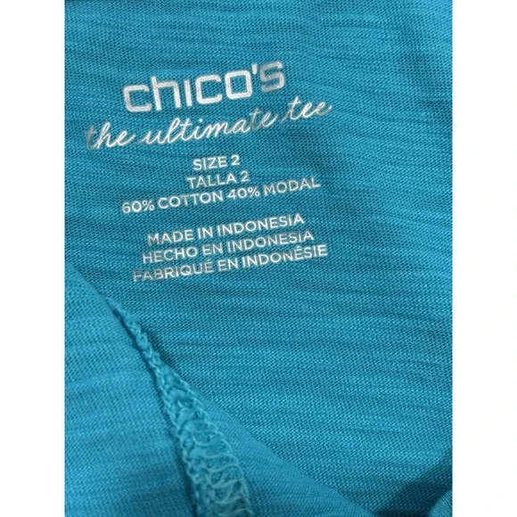 Chicos Ultimate Tee V-Neck 3/4 Sleeve T Shirt Size 2 US Large Turquoise Stretch - Picture 5 of 8